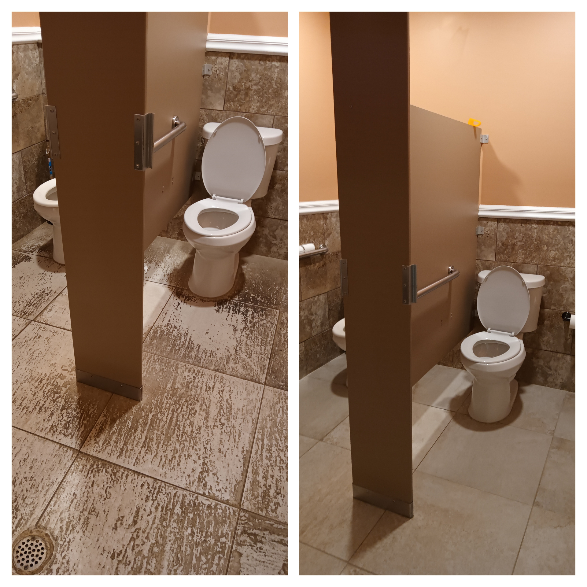 Before and after of a commercial restroom stall showing dirty floors transformed to spotless
